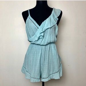 Free people turquoise ruffle open back romper